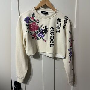 NEW girl ORDER Cropped Cream Sweatshirt with Floral Design